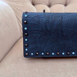 NEW Auth ANNA SUI X INC Genuine Floral Embossed Leather Beaded Clutch Bag